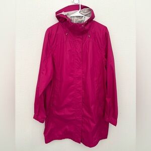L.L. Bean Long Rain Coat Large Fuchsia Lightweight Spring Jacket Hooded Full Zip